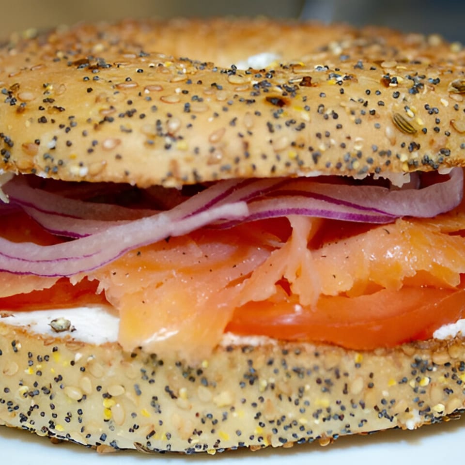 Everything bagel with cream cheese, smoked salmon, red onion, and tomato from Sutter Street Cafe.